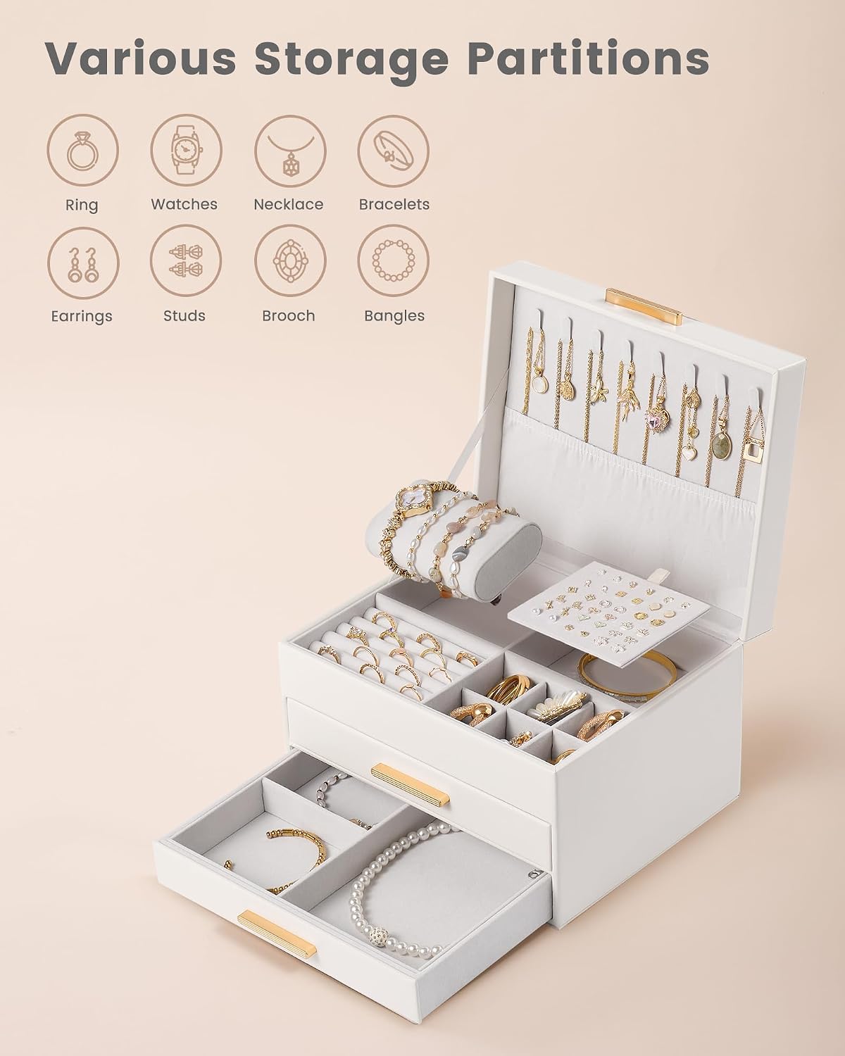 Lolalet 3-Layer Jewelry Box Organizer for Women Girls Room Decor -Beige