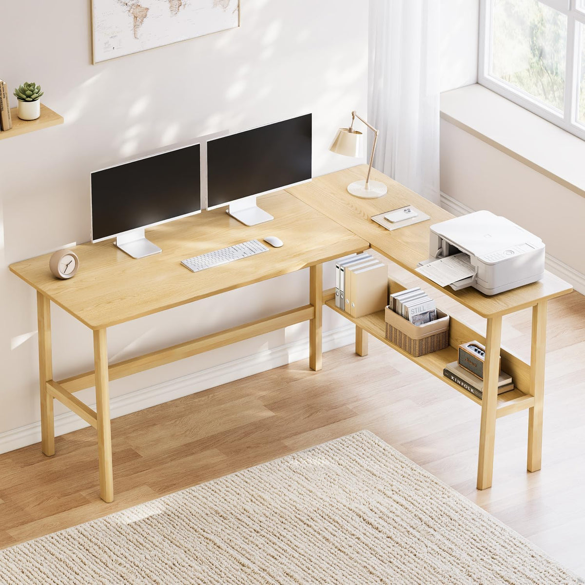 NELYE 63" Reversible L Shaped Desk with Shelf for Home Office, Oak