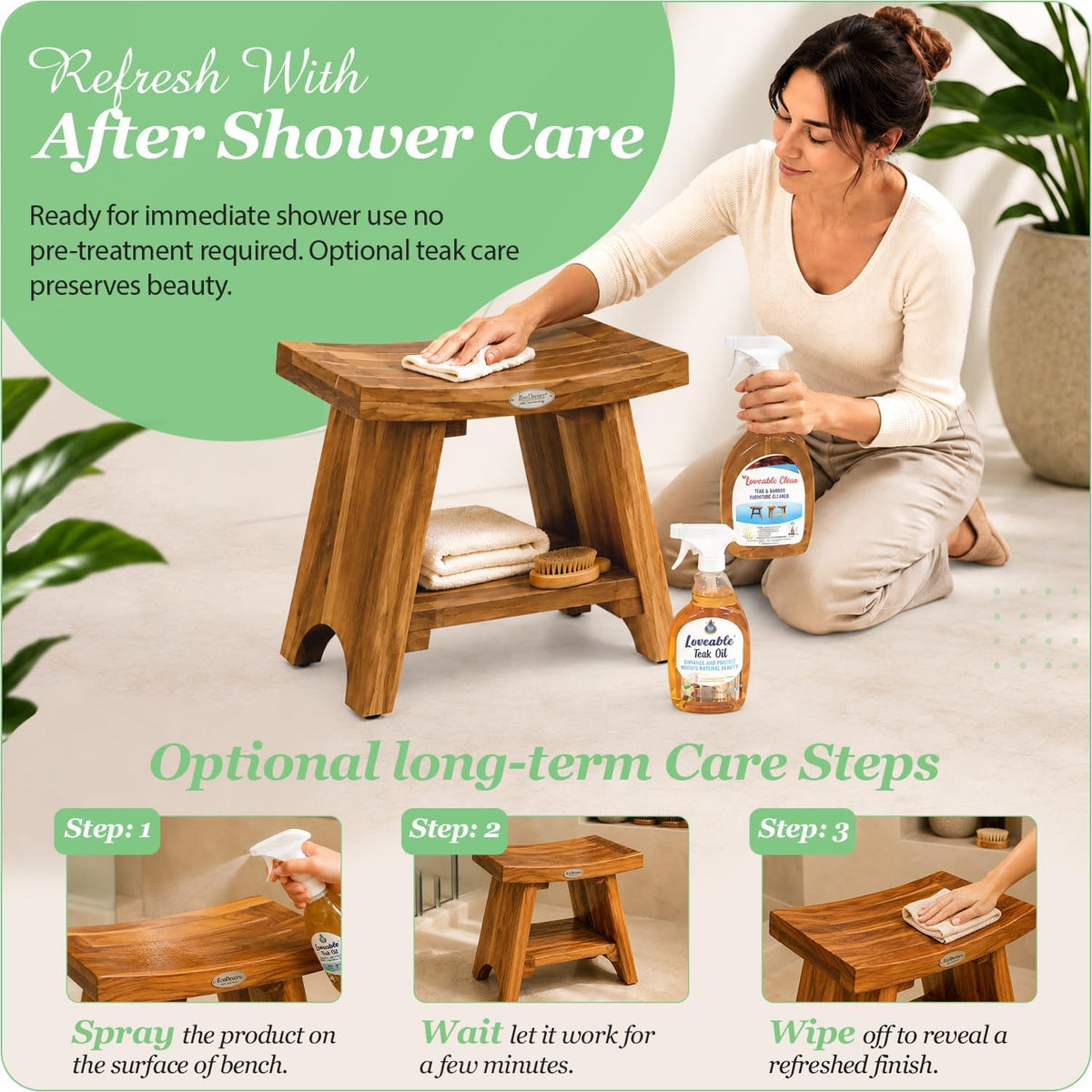 EcoDecors 18" Teak Shower Bench with Shelf, Solid Teak Wood Shower Stool