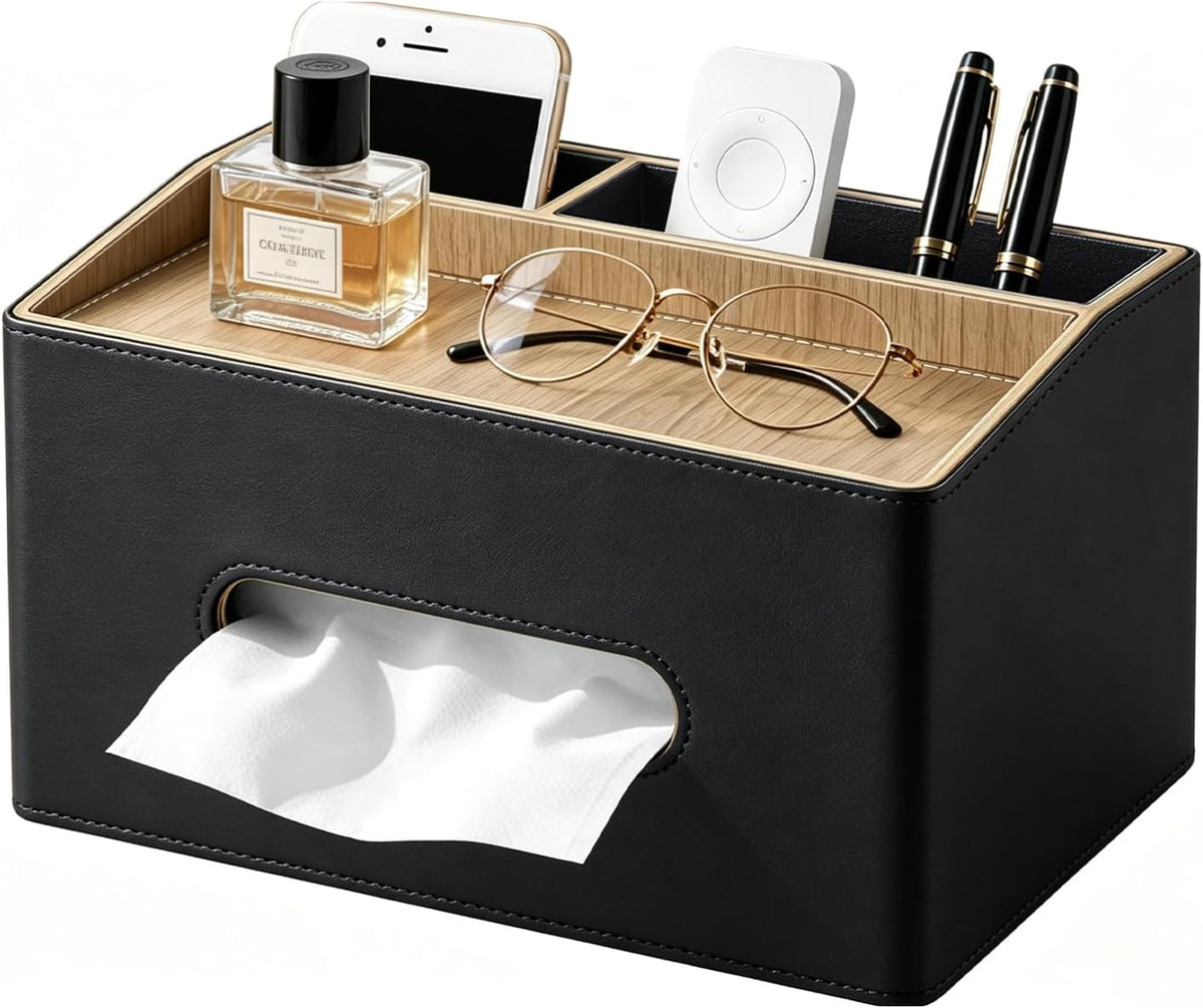 PU Leather Tissue Box Holder Rectangle,Facial Tissue Cover with Tray on Top