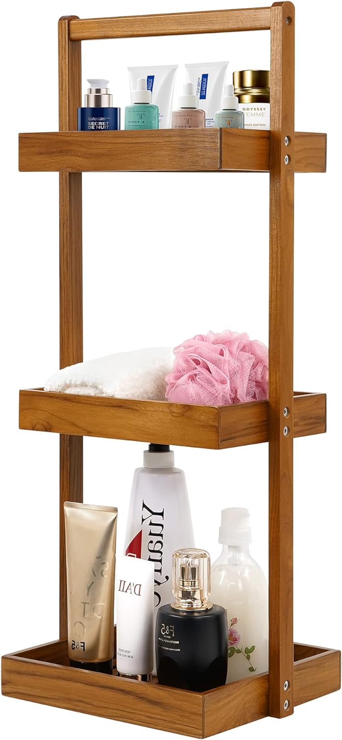 Utoplike Teak Shower Caddy Shelf, Freestanding Racks for Bathroom Corner