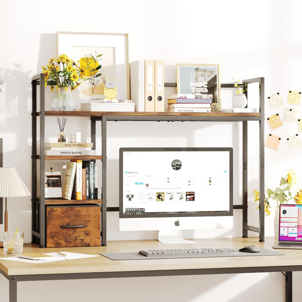 Desk Shelf with Drawer, 41.3" Desktop Organizer Shelf, Desk Hutch for Co...
