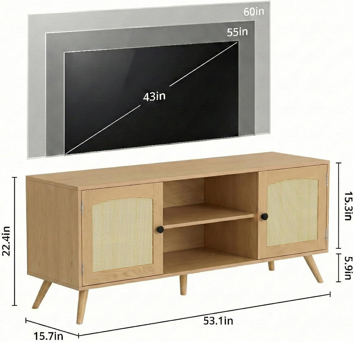 holzart Mid Century Modern Rattan TV Stand for 55/60 Inch TV - 53" Boho ...