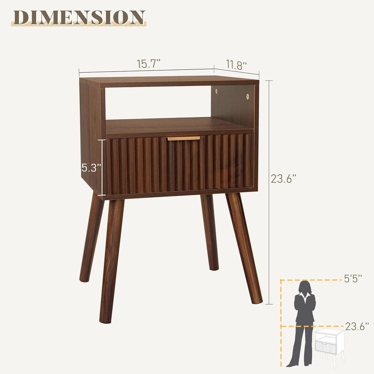 Fultyle Walnut Nightstand, Fluted Night Stand with Drawer and Open Shelf