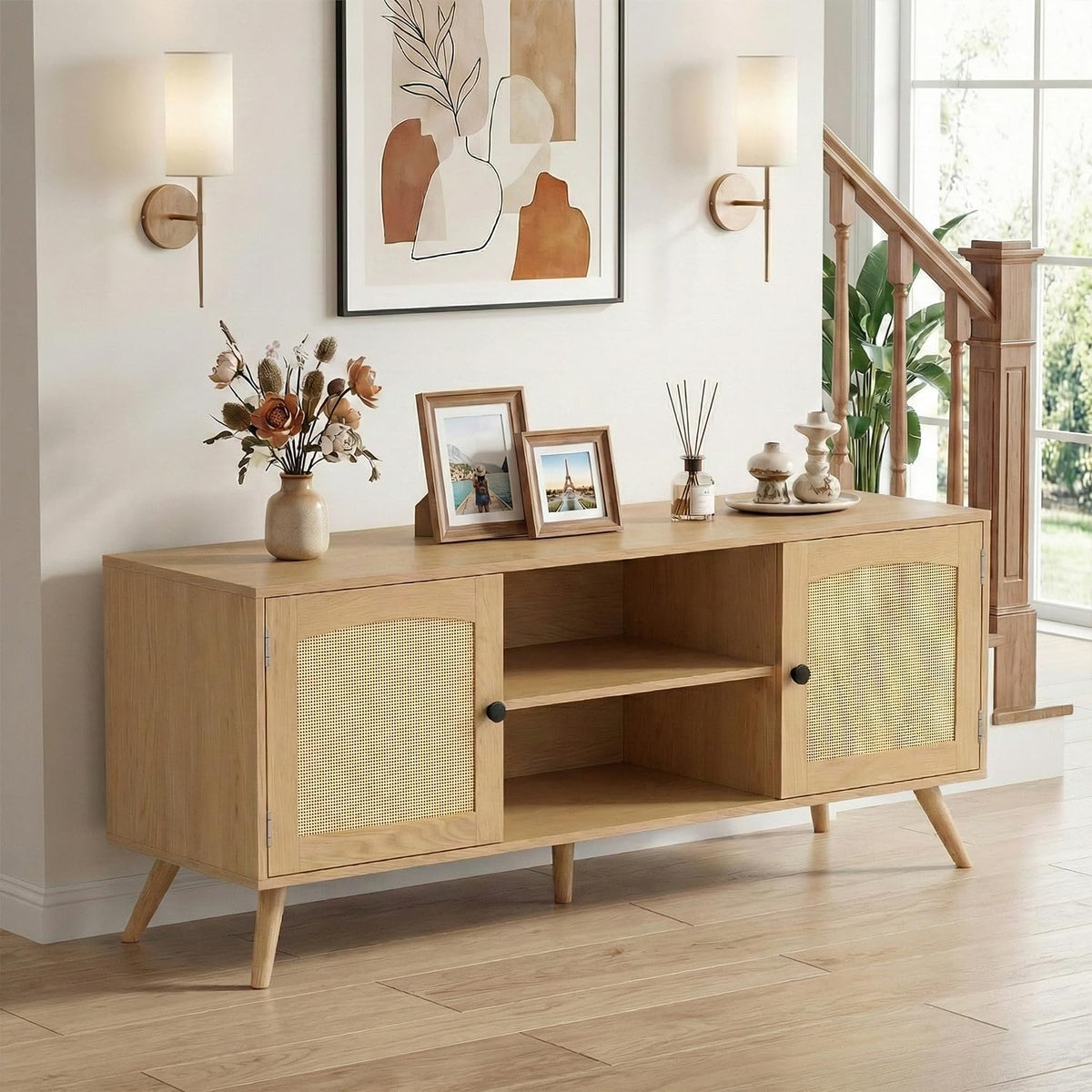 holzart Mid Century Modern Rattan TV Stand for 55/60 Inch TV - 53" Boho ...