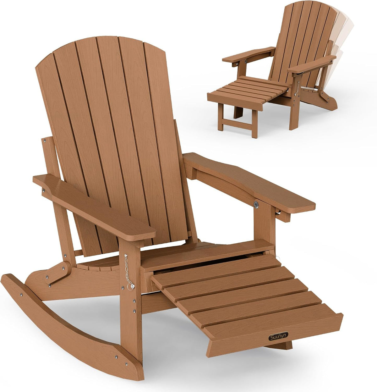 4-in-1 Rocking Adirondack Chair with Footrest, HDPE, Teak
