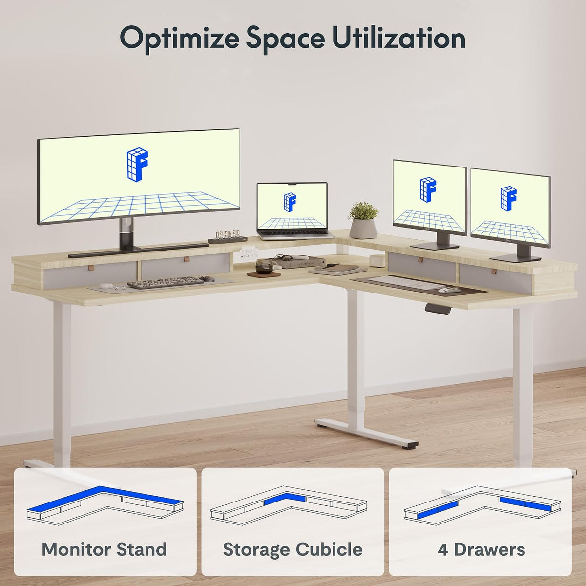 FLEXISPOT Reversible L-Shaped Corner Standing Desk with Monitor Shelf