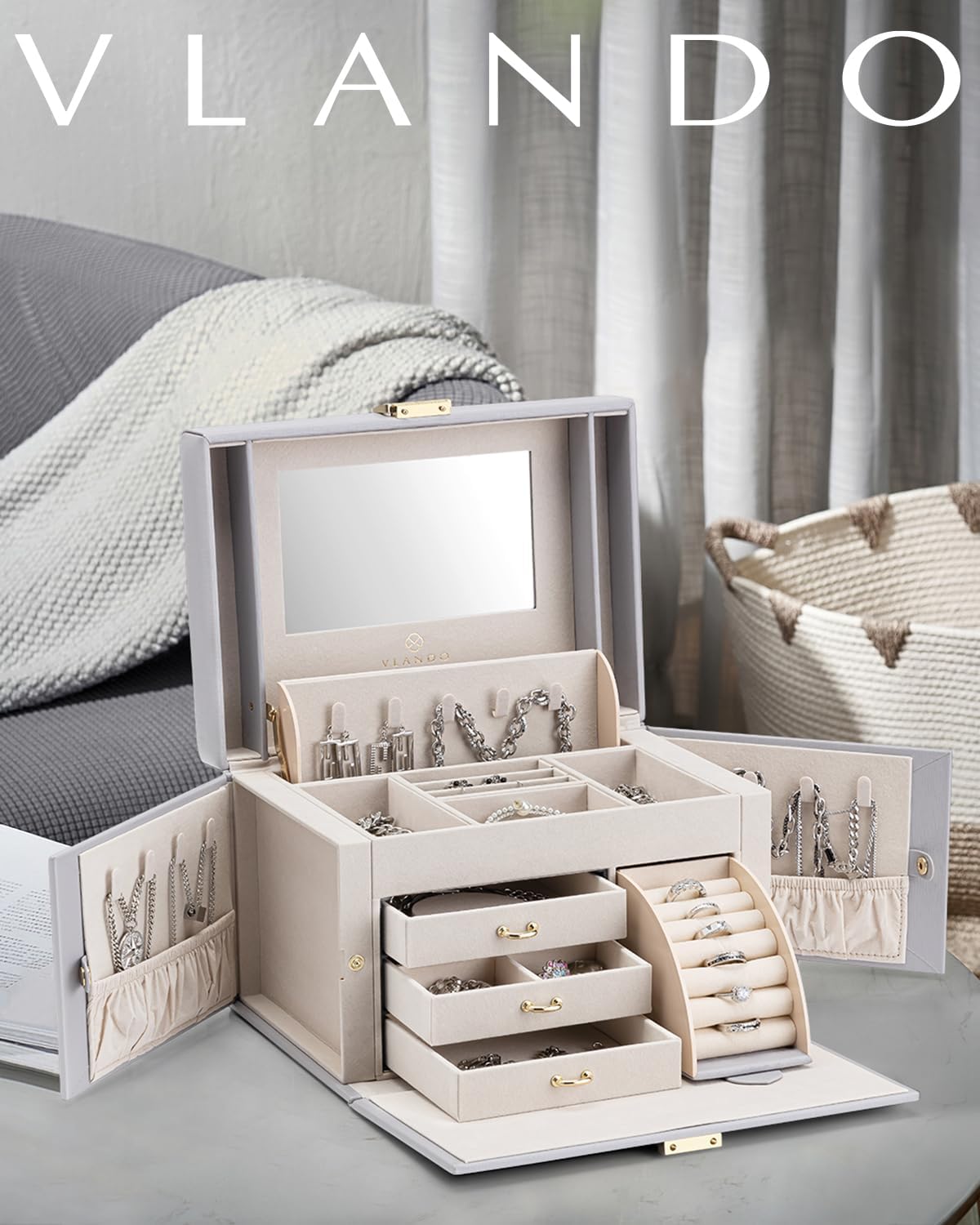 VLANDO Jewelry Storage with Mirror and 3 Drawers,Gray