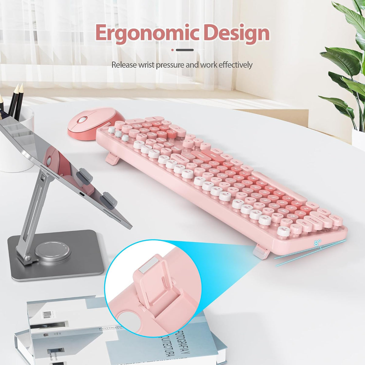 Fogruaden Pink Retro Typewriter Keyboard and Mouse Wireless, 2.4GHz Office Fu...