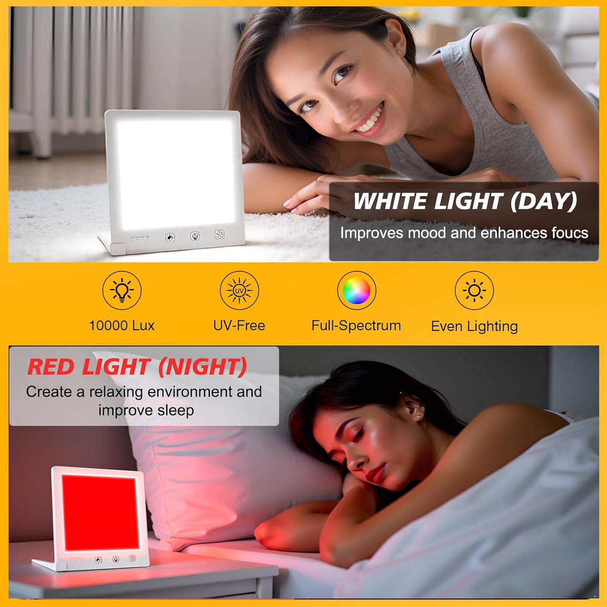 Sun Light Therapy Lamp, 10000 Lux & Red Light for Face, UV-Free