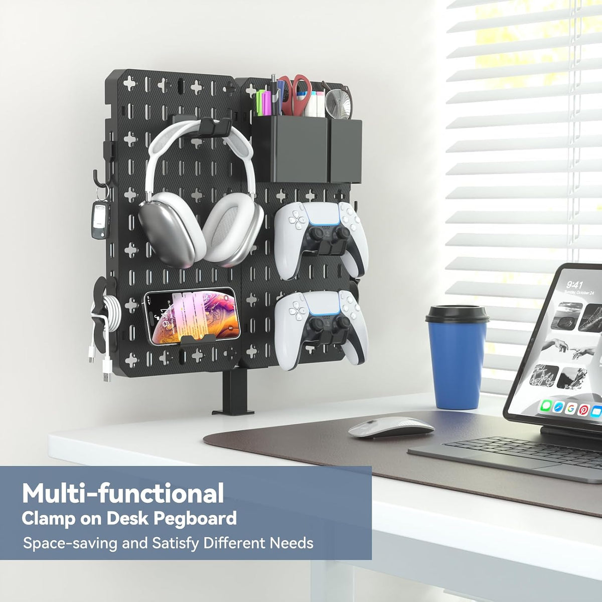 KDD 7 in 1 Clamp-on Desk Pegboard - No Drill Desk Side Storage with Phone Sta...