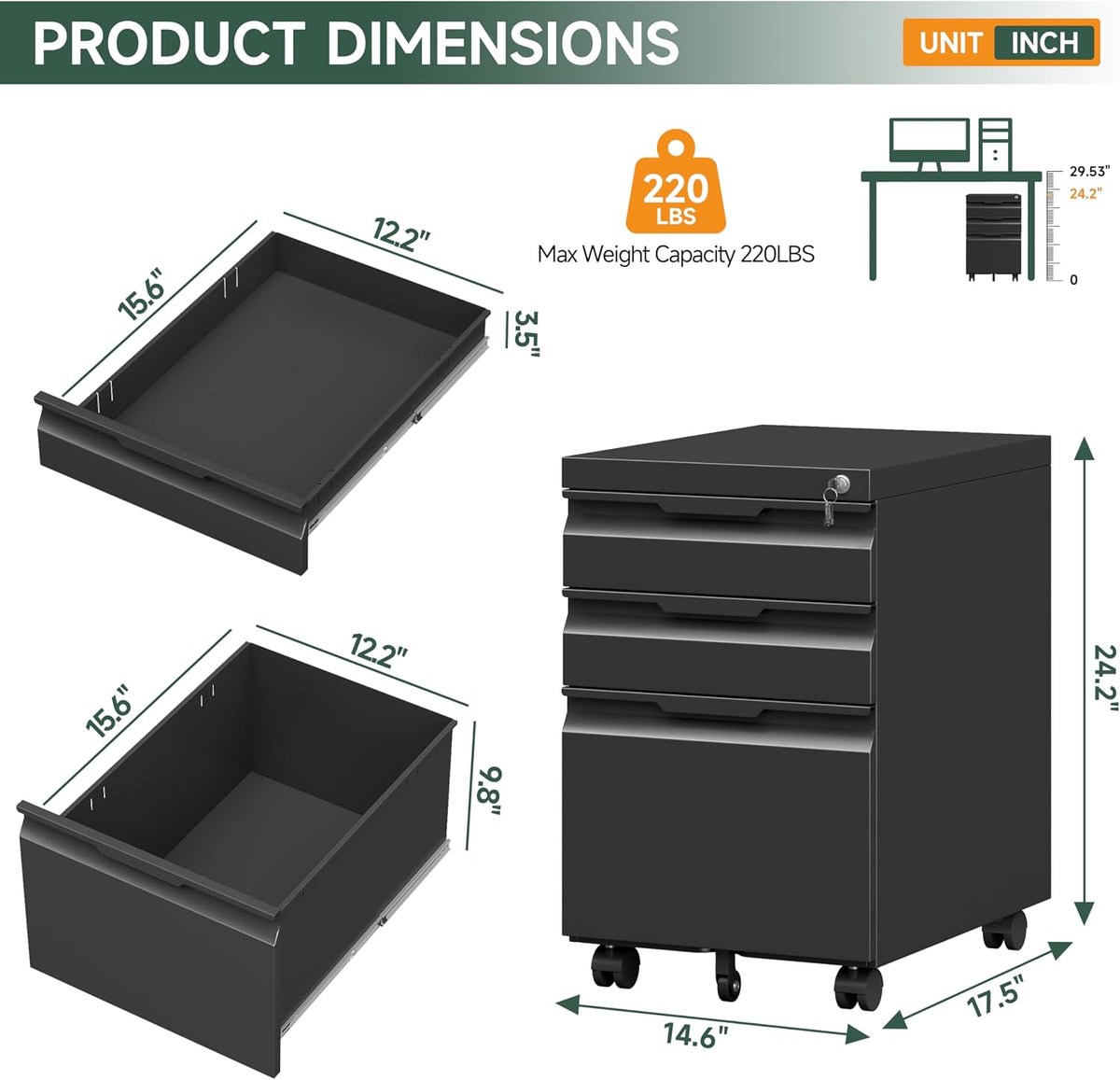 Mobile File Cabinet with Lock,3 Drawer Under Desk Metal Rolling Filing Cabine...