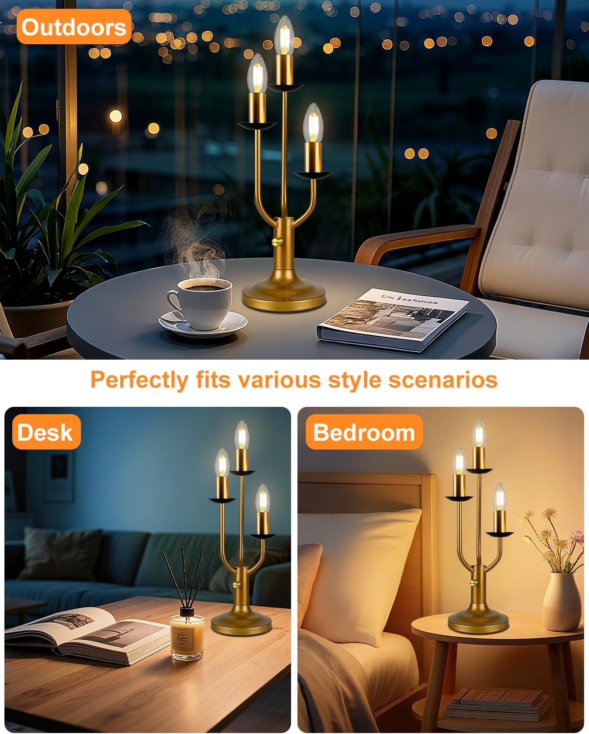 Lightdot Vintage Candelabra Table Lamp Dimmable Gold Lamp 3 Bulbs Included