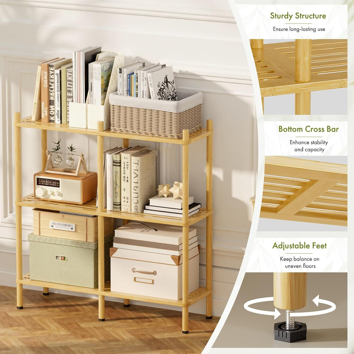 3 Tier Book Shelf, Wide Bamboo Bookshelf, Bookcase with 6 Open Display Shelve...