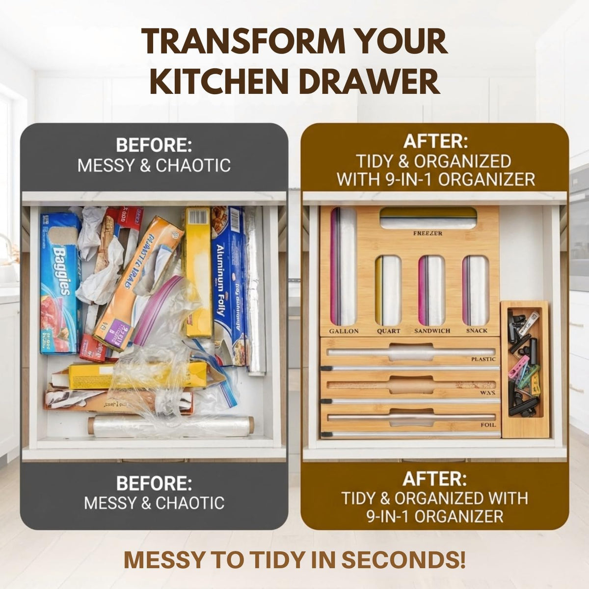 9 in 1 Bamboo Kitchen Drawer Organizer for Storage Bags, Foil & Plastic W...