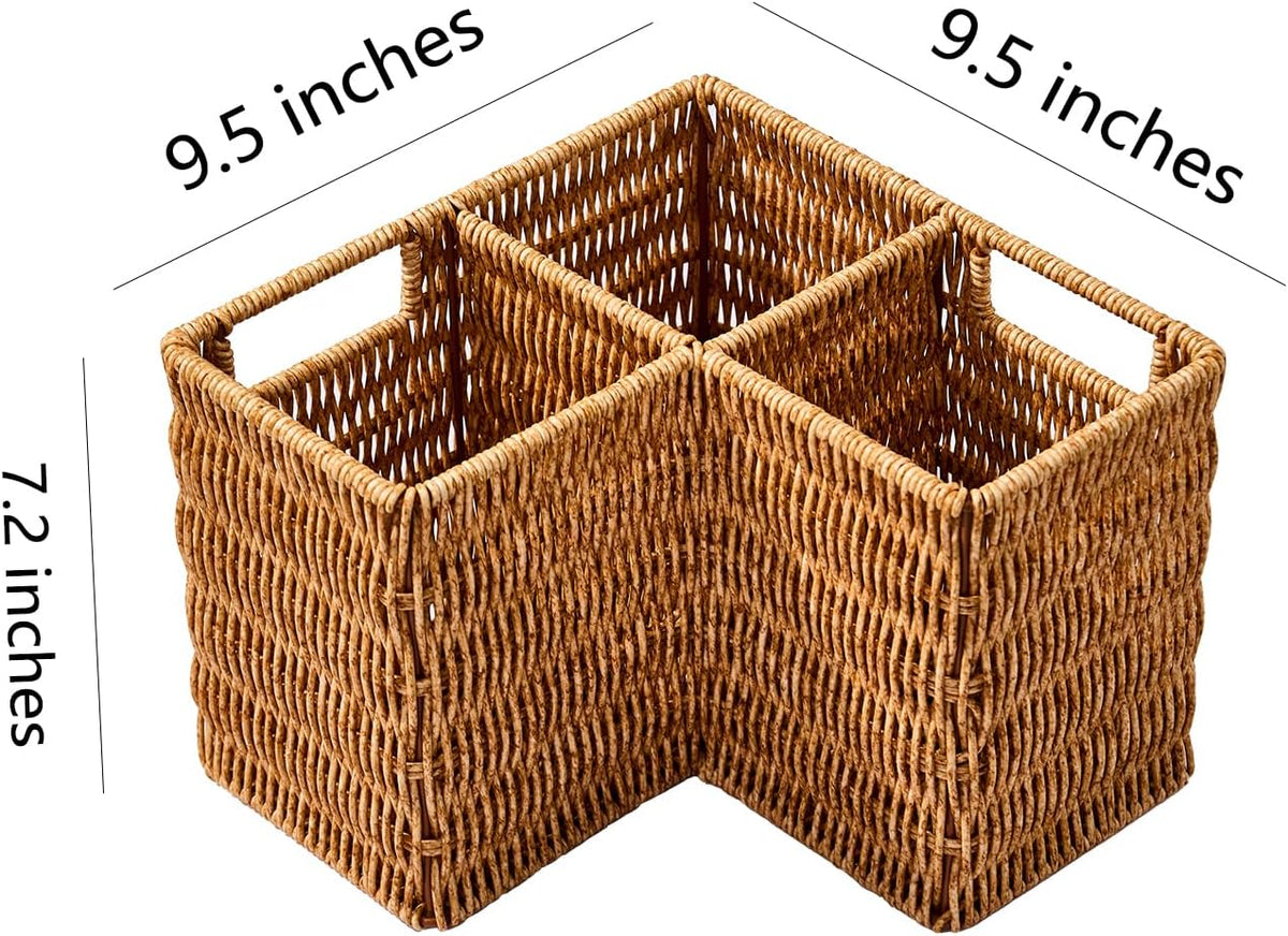 Berdeng 3-Compartment Silverware Caddy, Faux Rattan Utensil Holder with 2 Han...
