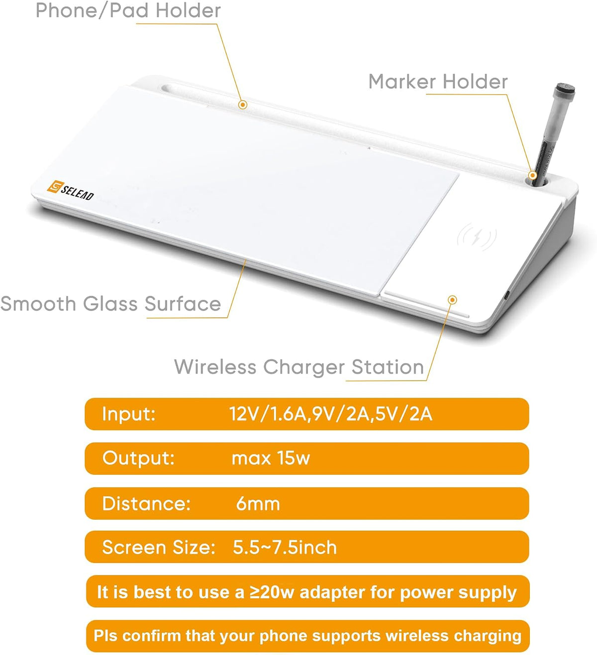 SELEAD Desktop Glass Whiteboard with Wireless Charger and Mirror, White