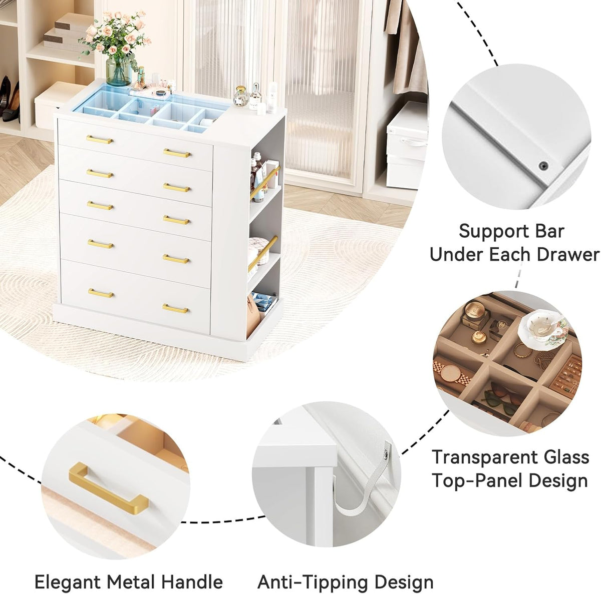 Drawer Dresser with Glass Top, LED Lights, 3 Open Shelves