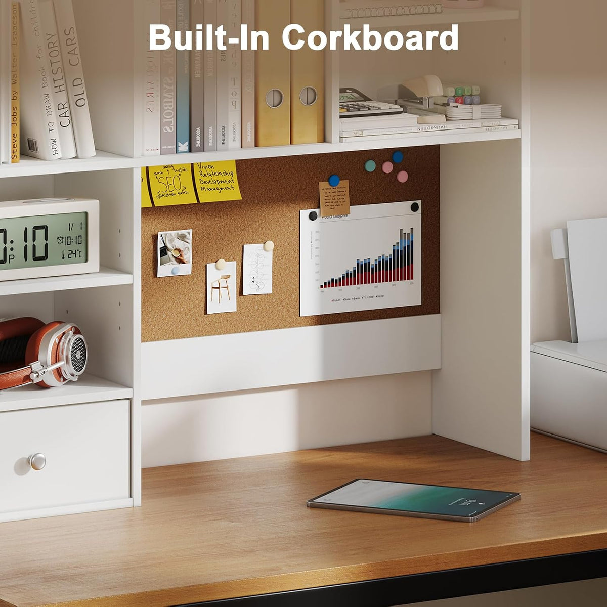 Desk Hutch Dorm with Cork Board, Shelves and Drawer