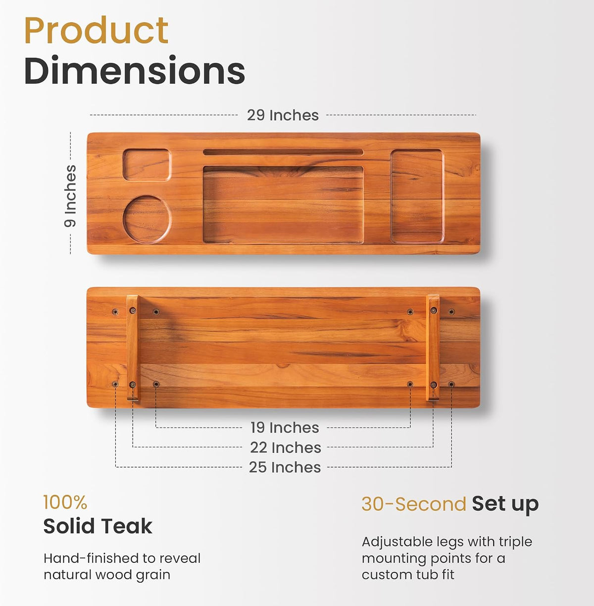 29 Inch Teak Bathtub Tray for Freestanding Tubs, Luxury Bath Caddy