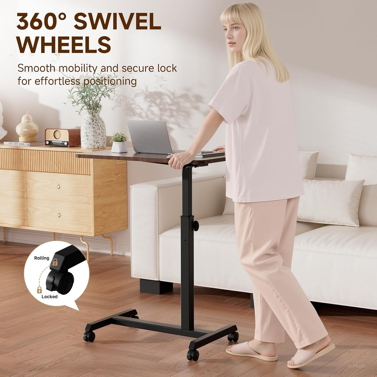 COMHOMA Adjustable Overbed Bedside Table with Lockable Wheels, Foldable Mobil...