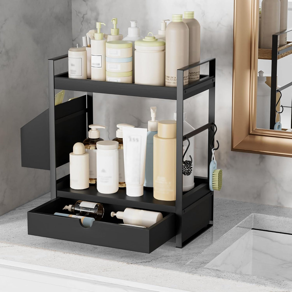 2-Tier Bathroom Counter Organizer, Wooden Vanity Shelf with Drawer & Basket