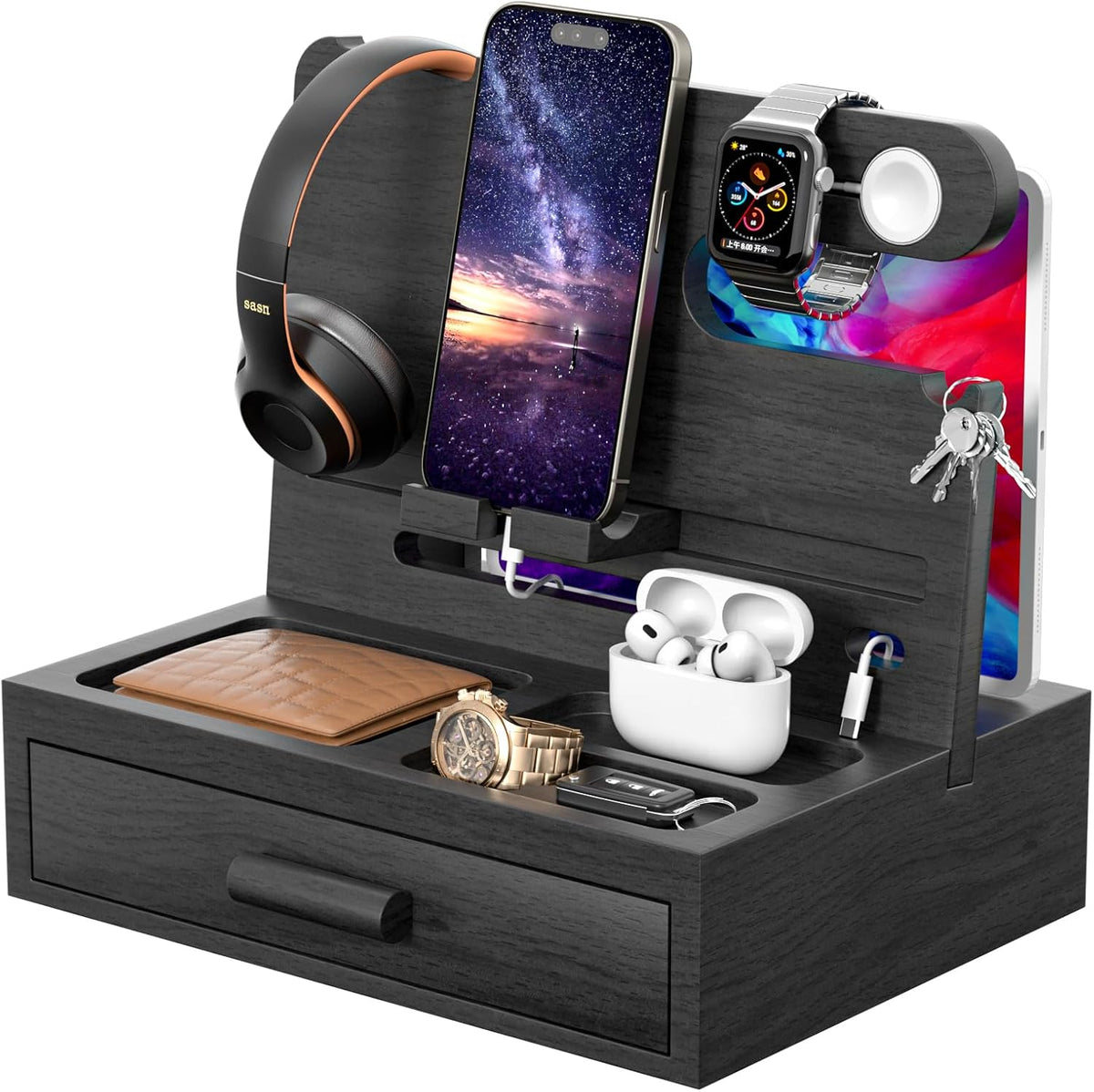 melafa365 Nightstand Organizer for Men,Phone Docking Station with Cable Manag...