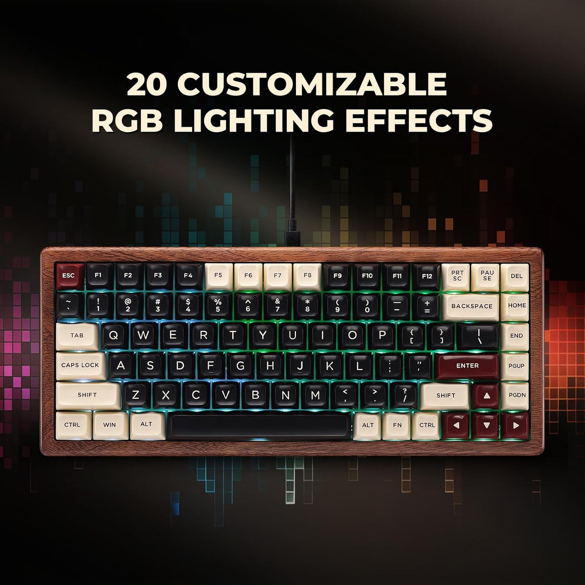 GLENCREAG WK84 USB-C Wired Wooden Mechanical Keyboard, 75% Layout 84 Keys, RG...