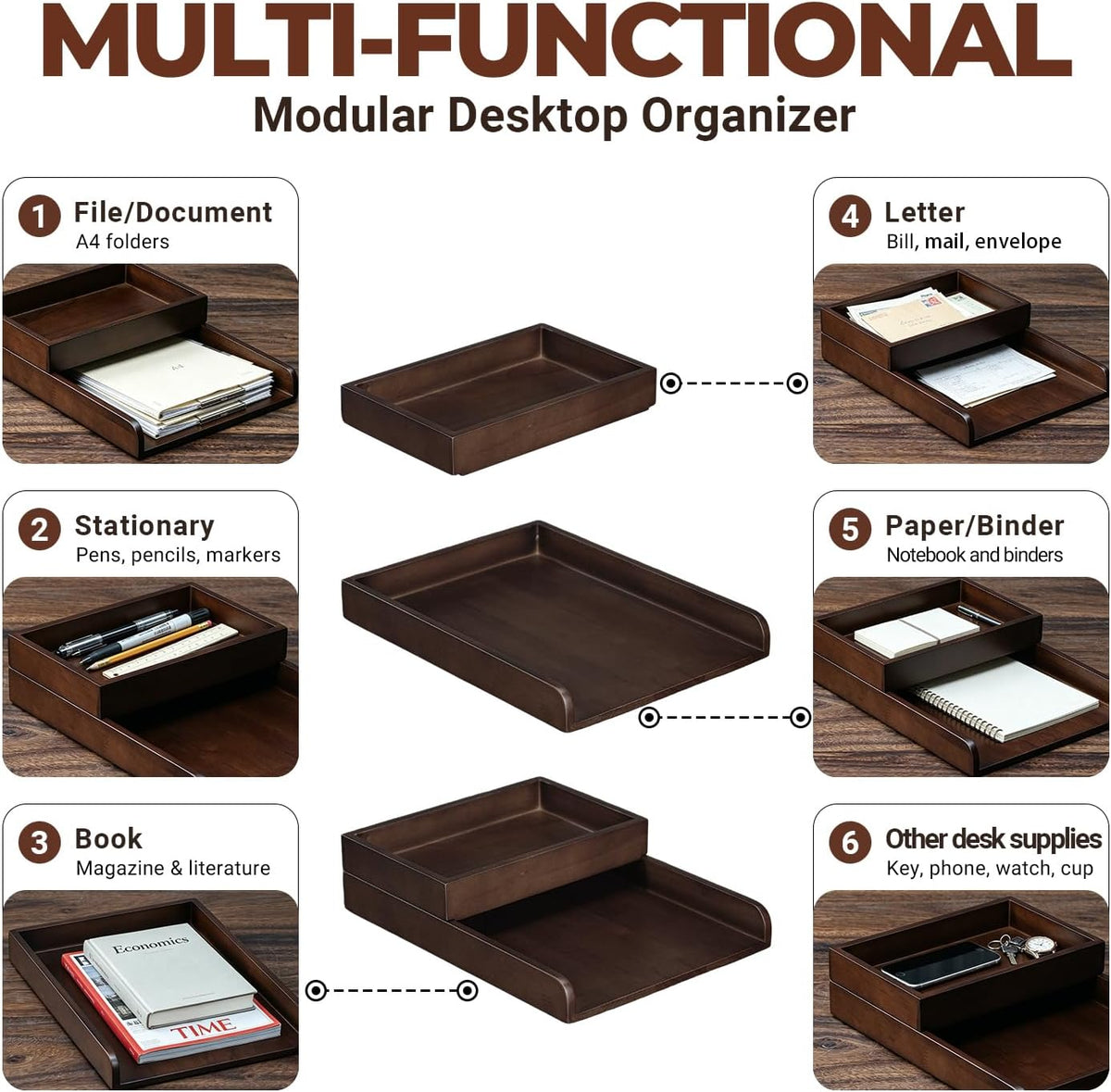 Wood 2-Tier Letter Tray, Stackable Detachable Paper Tray Desk Organizer