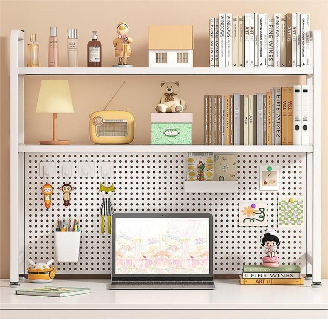 2 Tiers Freestanding Desk Bookshelf, 38 Inch Desktop Bookcase Display Shelf R...