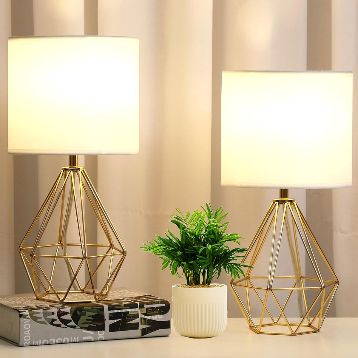 Small Gold Table Lamp Set of 2, Bedside Nightstand Lamps with White Shade, Ho...