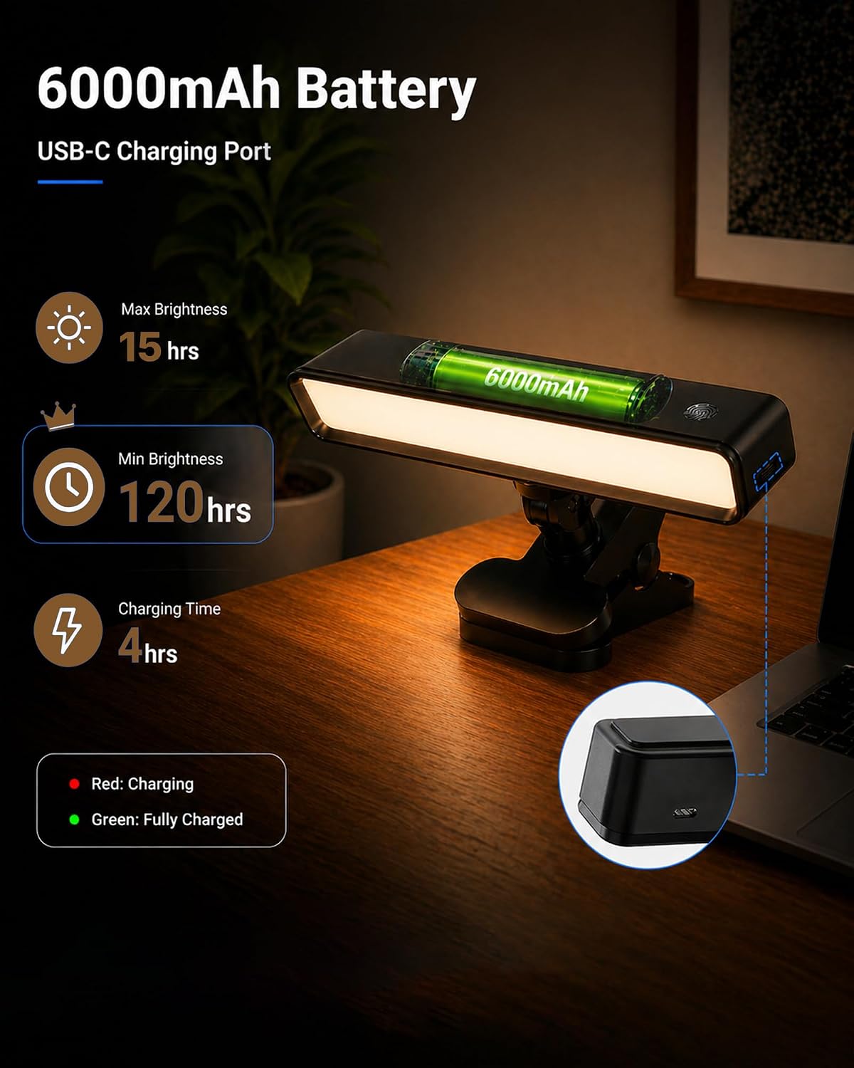 6000mAh Rechargeable Clip on Light, LED Reading Light for Bed/Desk, 3 Color M...