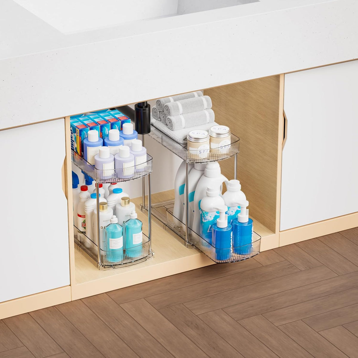 4 Pack Large Pull Out Bathroom Organizers and Storage,2 Tier 12.8″ Tall Slidi...