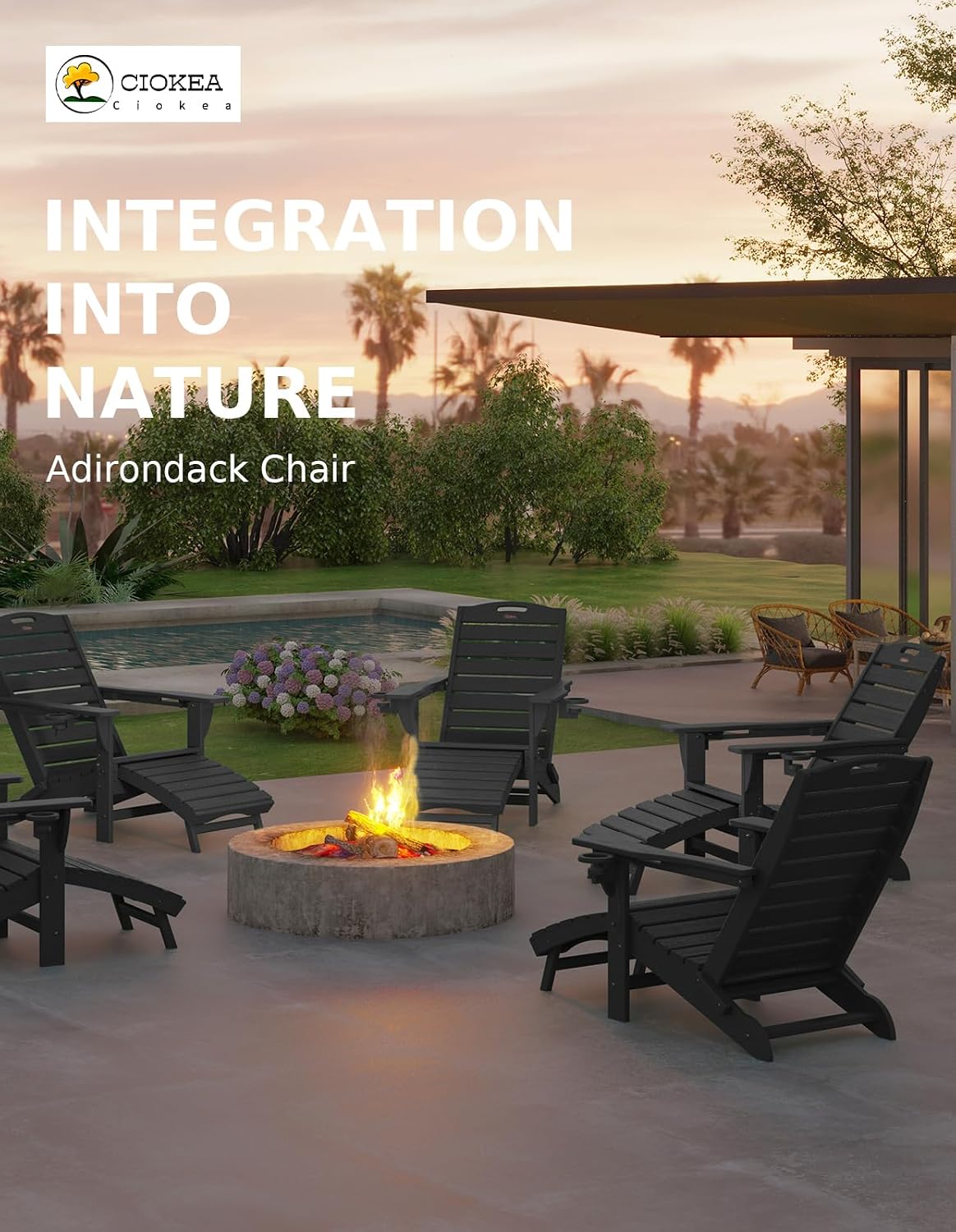 Ciokea HDPE Folding Adirondack Chair with Footrest,Black,1