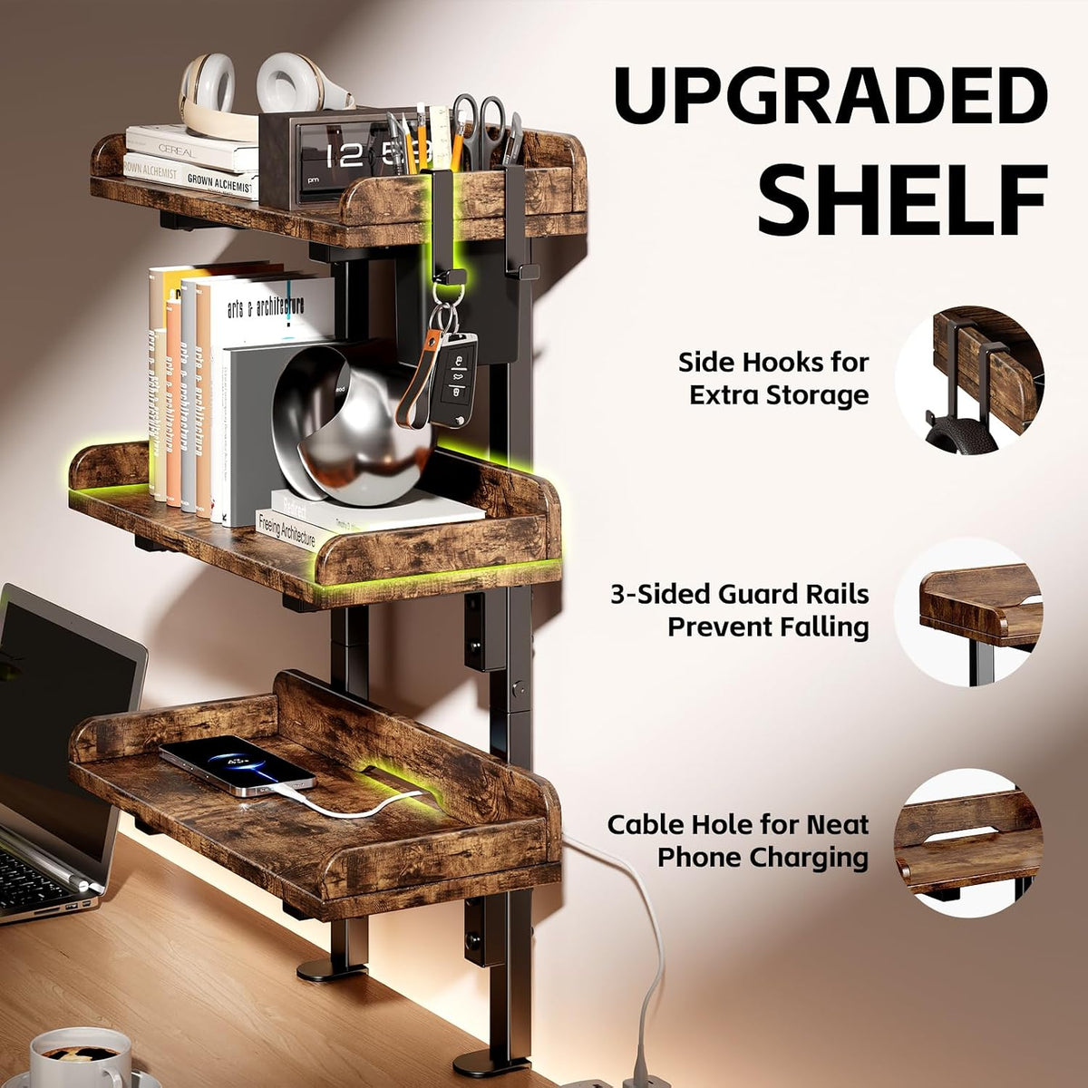 3-Tier Clamp on Wood Desktop Shelf, Adjustable Height Office Desk Organizer