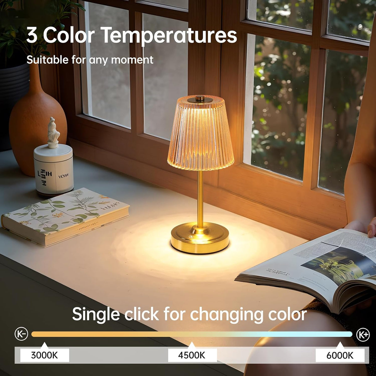 Shenmoyl Cordless Touch Table Lamp with 5200mAh Battery - 3 Adjustable Color ...