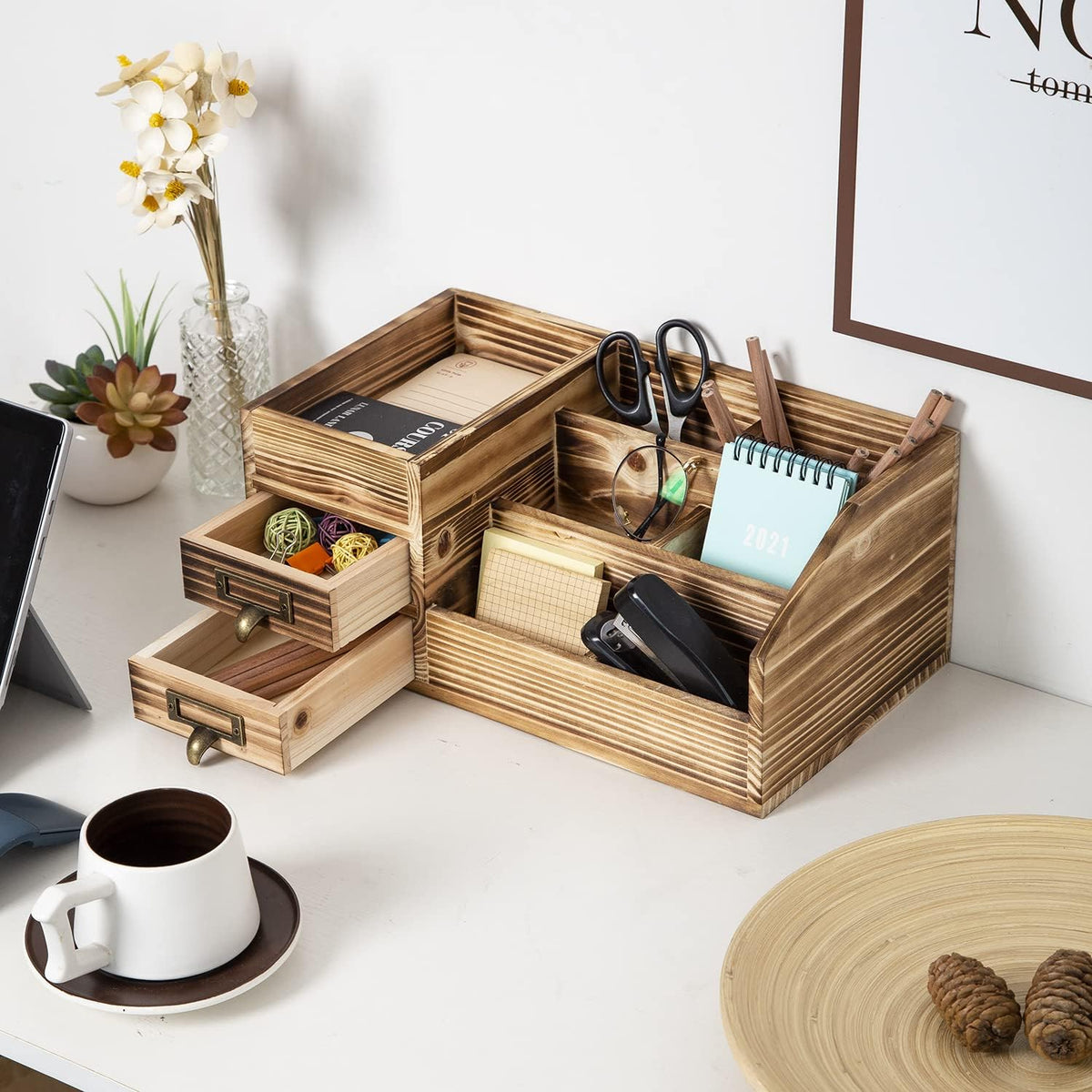 Distressed Rustic Wooden Office Desktop Drawers Organizer Wood Shelf Tabletop...