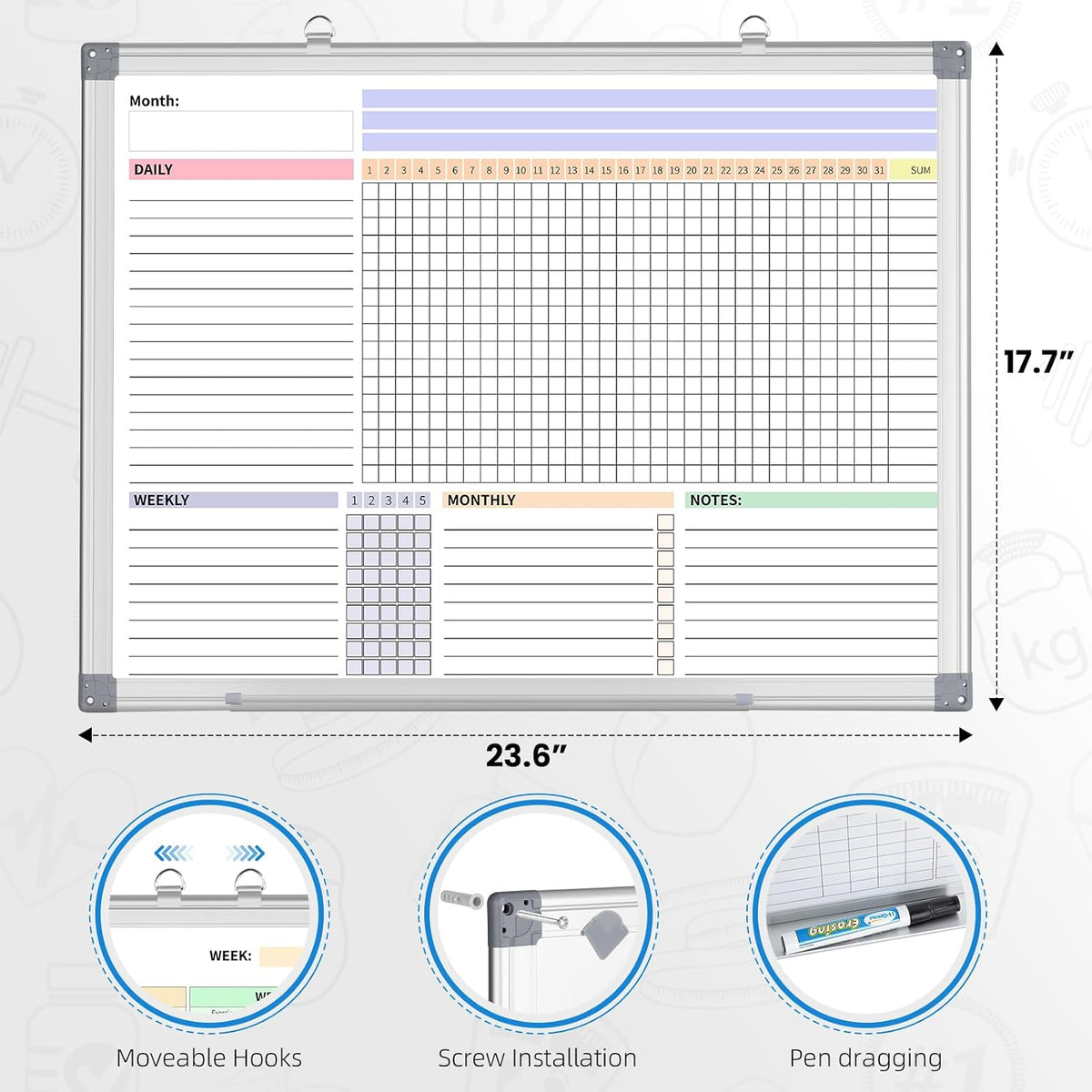 Habit Tracker Dry Erase Whiteboard with Silver Aluminium Frame for Wall 24&qu...