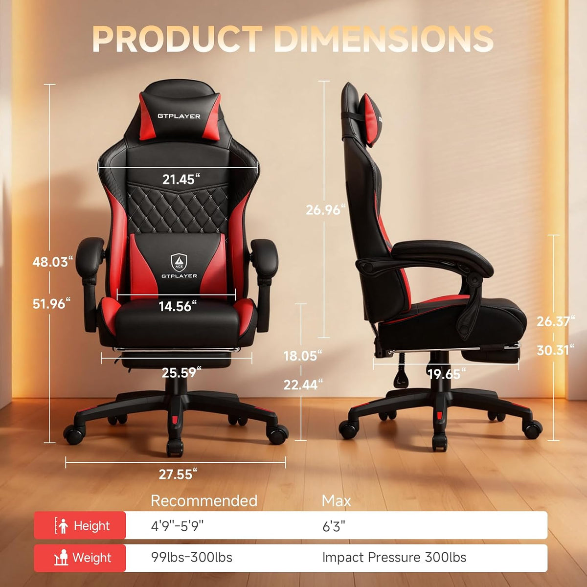GTPLAYER Gaming Chair, High Back Leather Computer Gaming Chair with Footrest,...