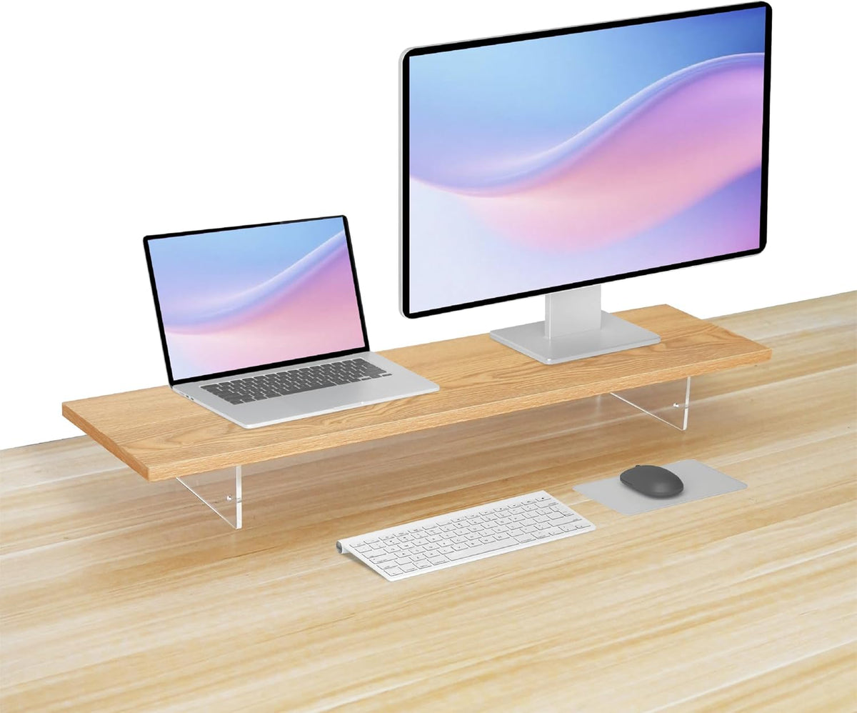 Wood Monitor Stand Riser with Acrylic Legs, Computer Screen Stand Desk Organi...