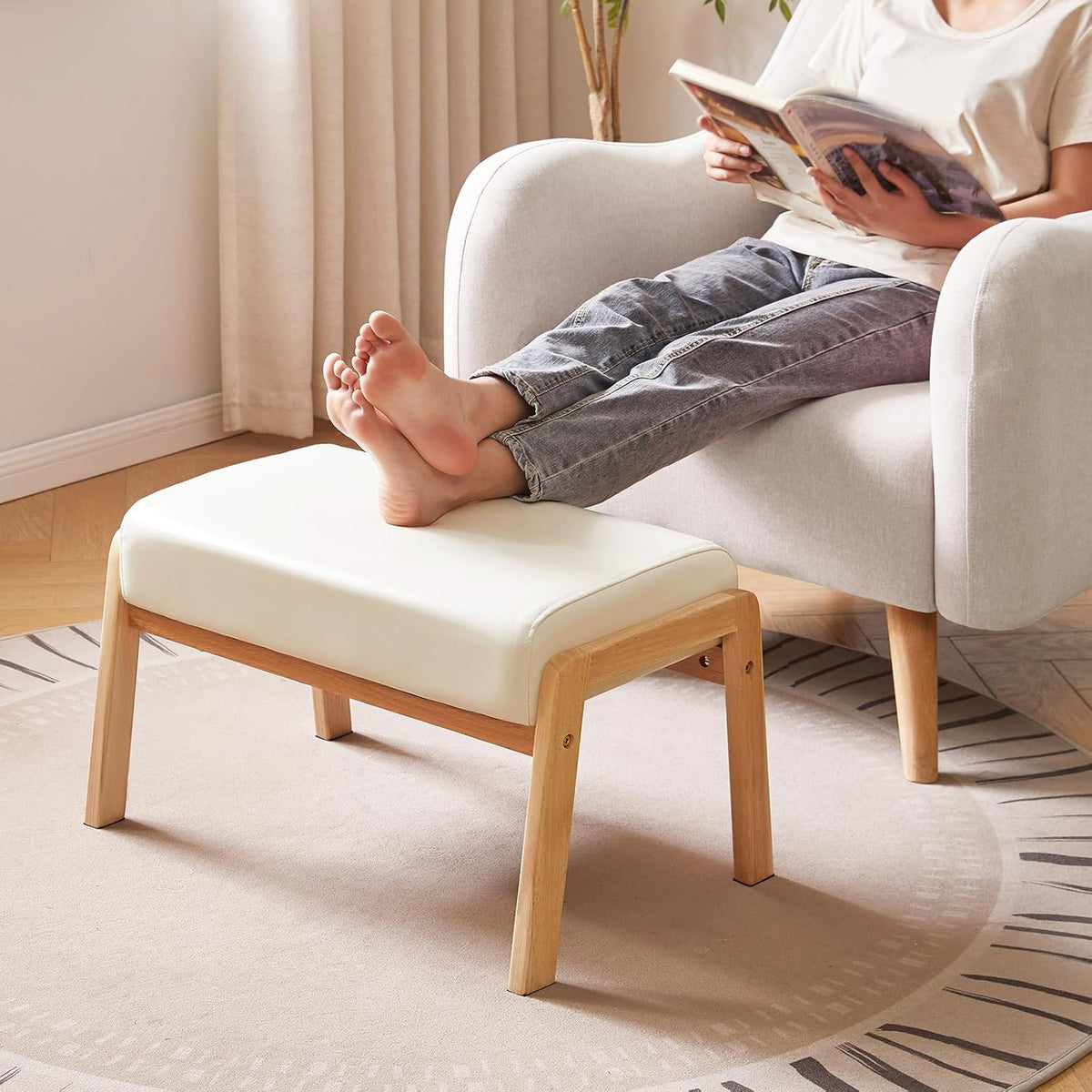IBUYKE Large Footstool Ottoman, PU Faux Leather Footrest, White WBD031W