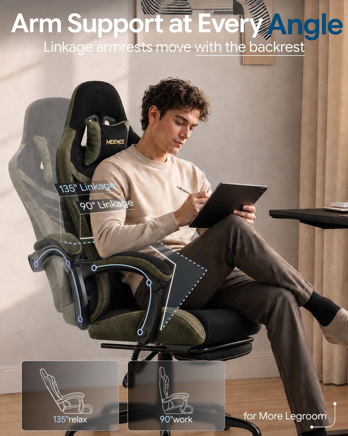 Ergonomic Gaming Chair with Footrest for Adults, Leather Mesh
