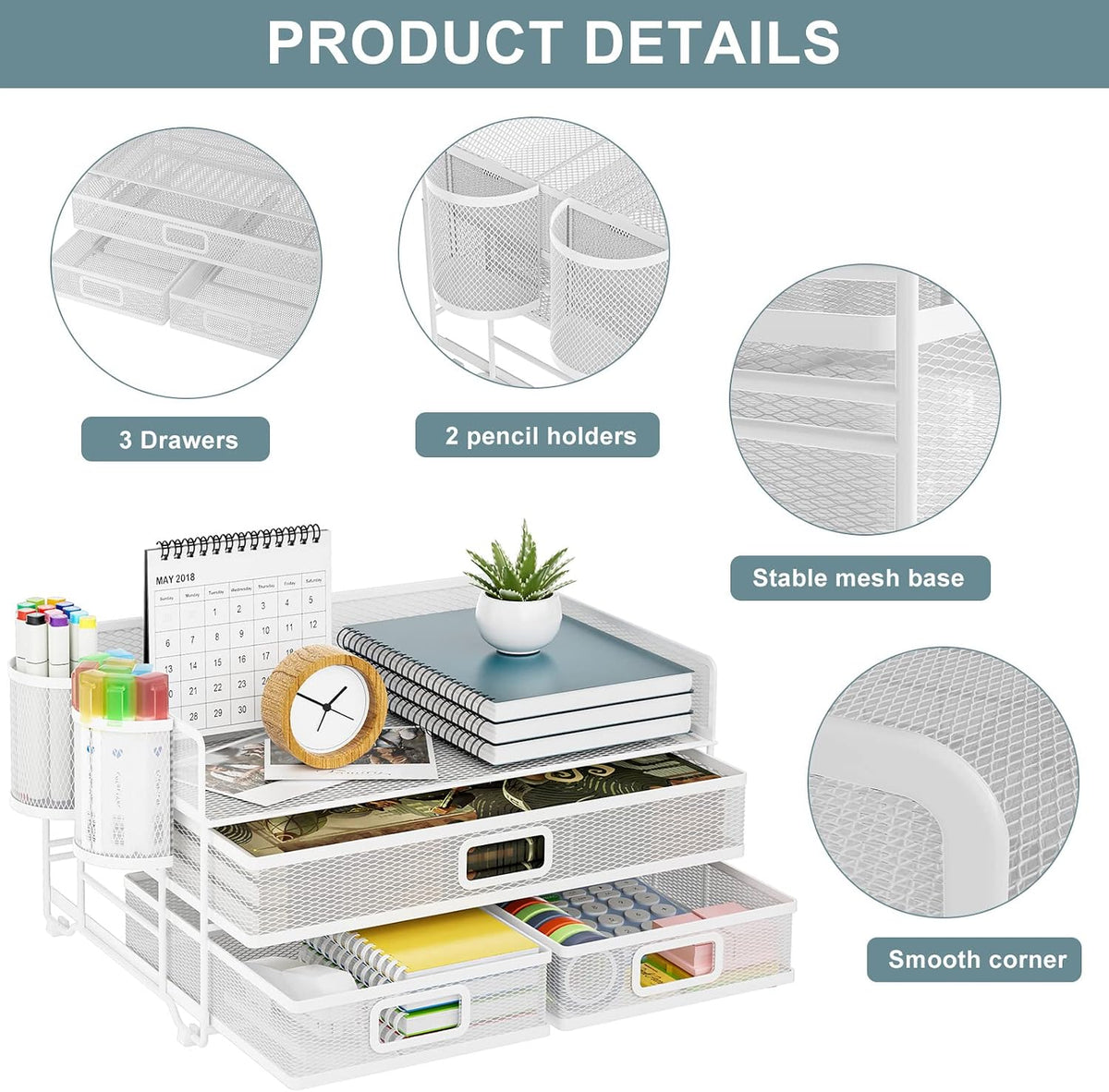 Marbrasse 3 Tier Mesh Desk Organizer with Drawer, Multi-Functional Desk Organ...