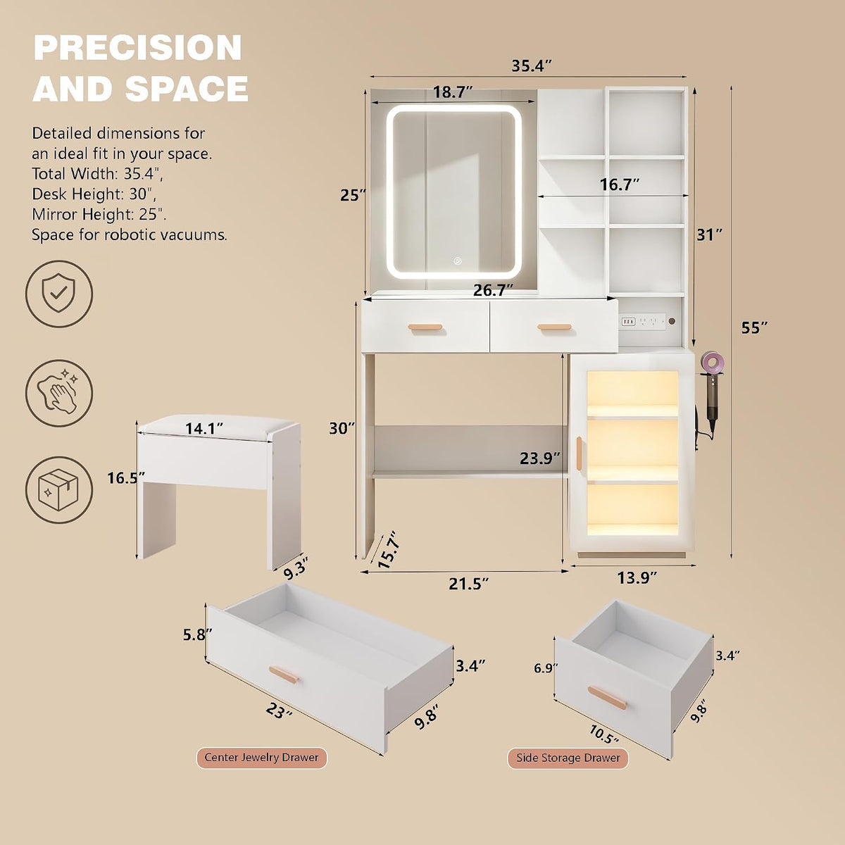 BZK White Makeup Vanity Desk with LED Lighted Mirror & Charging Station, ...