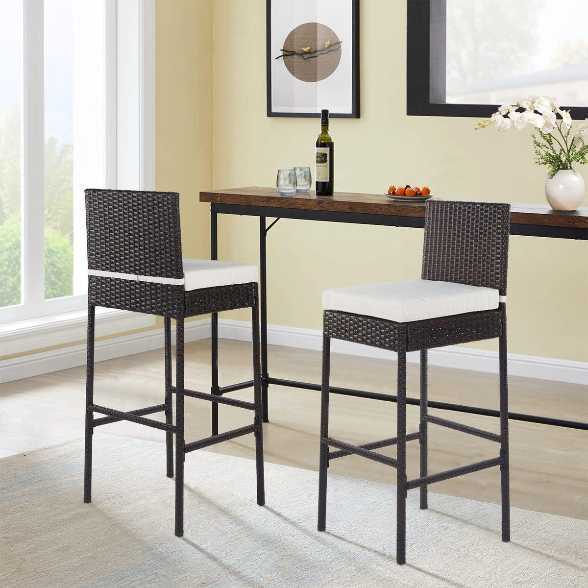 PayLessHere Outdoor Bar Stools Rattan Bar Chairs Set of 2 Wicker Bar stools C...
