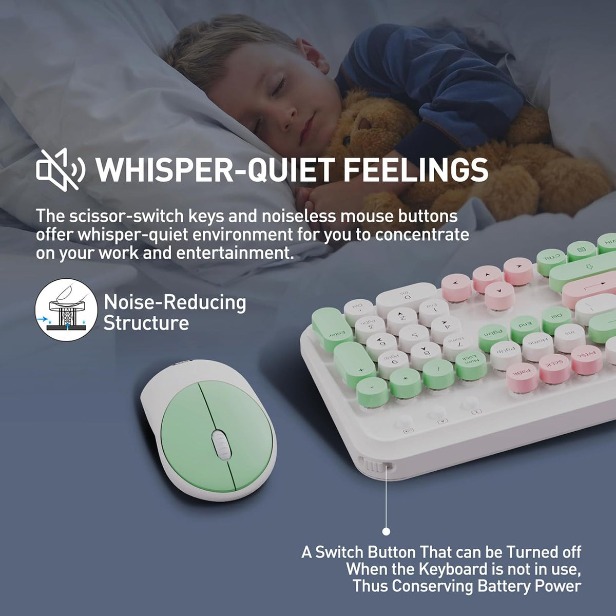 Wireless Keyboard and Mouse Set, 105 Keys Full-Size Cute Colorful Keyboard an...