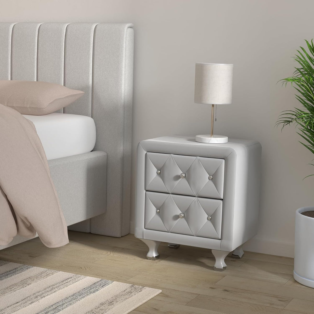 Baxton Studio Stella Crystal Tufted Upholstered Modern Nightstand, White