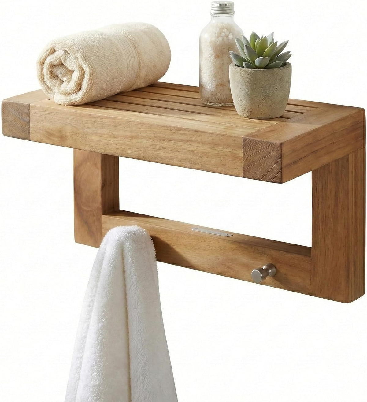AquaTeak 12" Moa Floating Teak Wall Shelf with Hooks