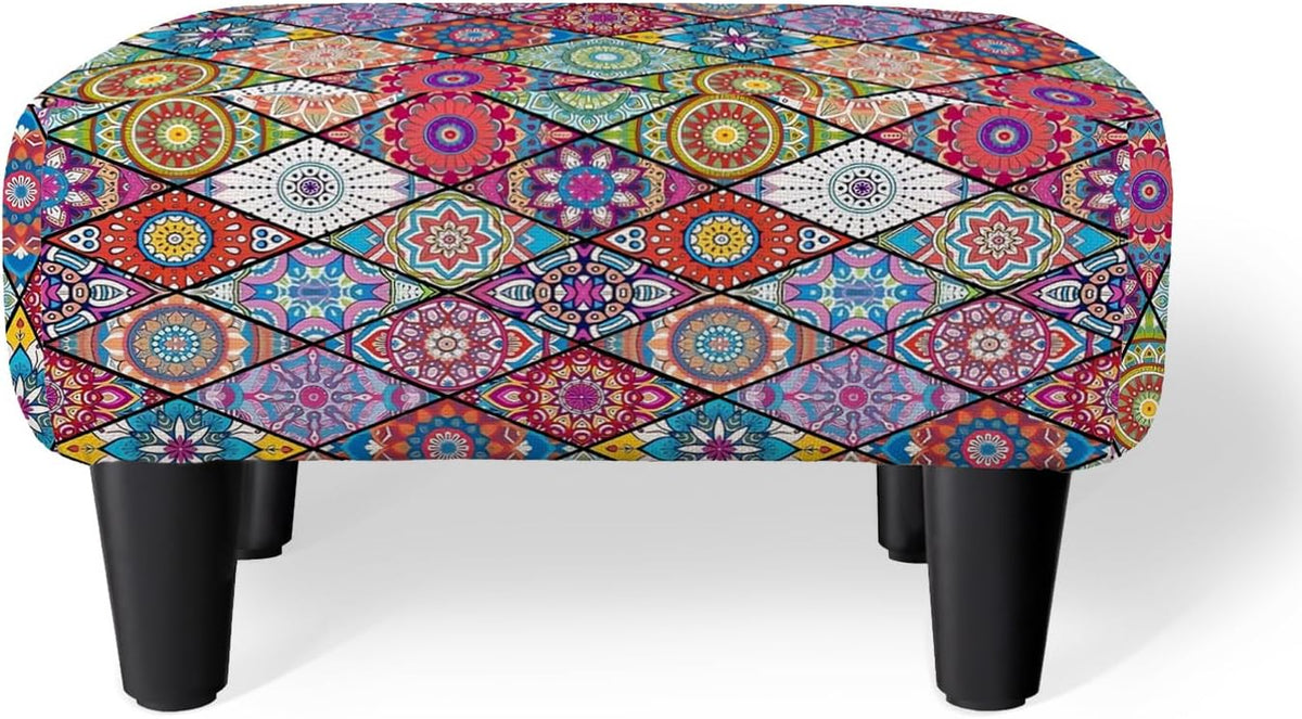 Colorful Small Foot Stool Ottoman, Boho Linen Mandala Footrest for Couch