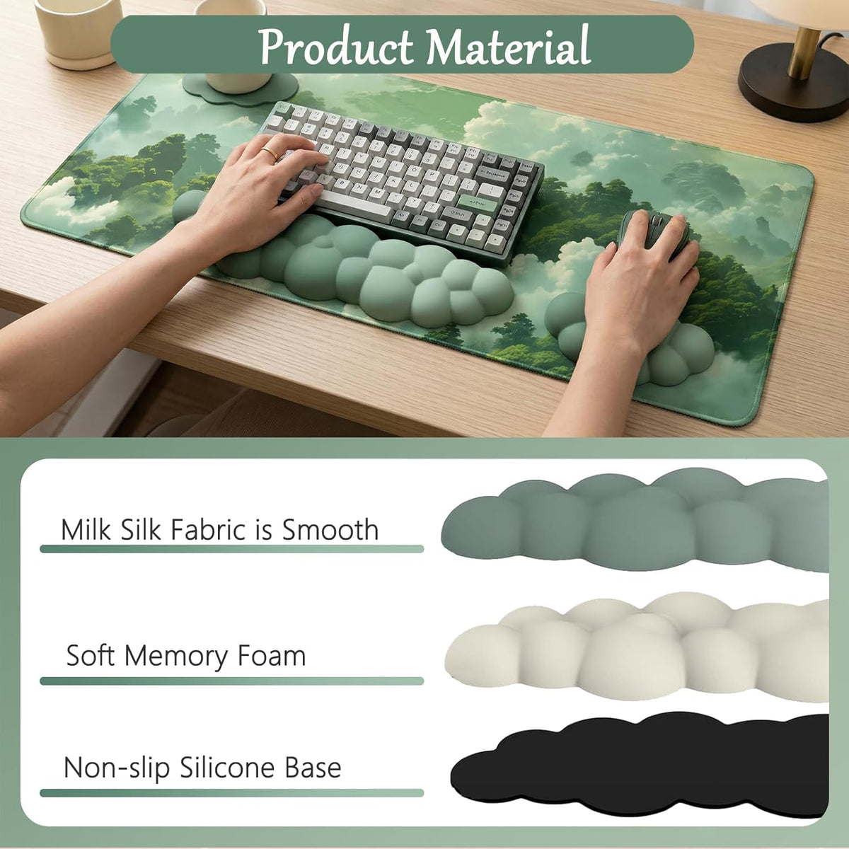 Green Cloud Mouse Pad and Keyboard Wrist Rest 4PCS Extended Forest Mountain A...